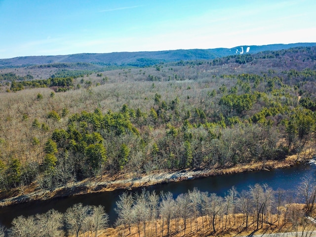 aerial view featuring a forest view and a water and mountain view