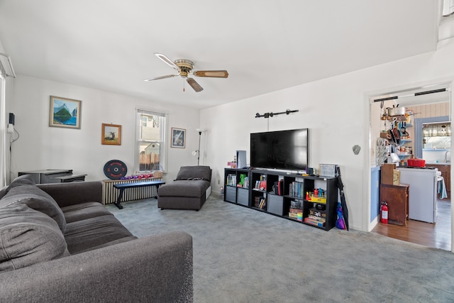 living room featuring a ceiling fan, radiator heating unit, carpet, and a wealth of natural light