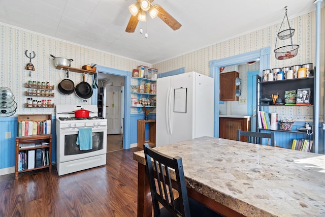 kitchen with wallpapered walls, white appliances, dark wood finished floors, and open shelves