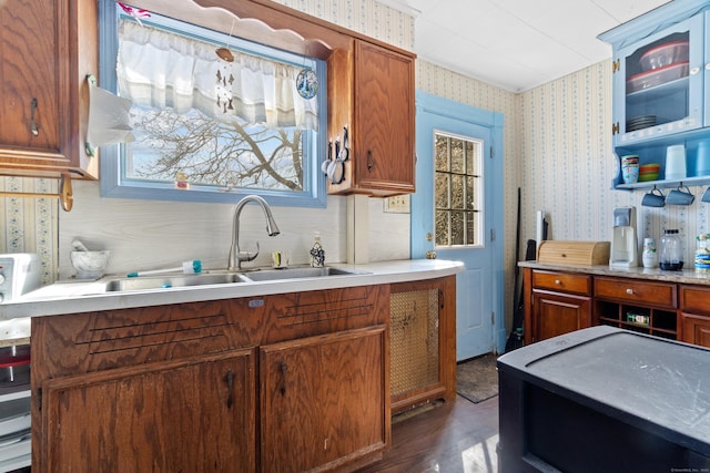 kitchen featuring dark wood-type flooring, a sink, wallpapered walls, light countertops, and glass insert cabinets