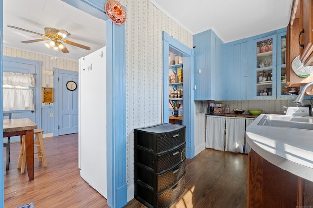 kitchen with wood finished floors, wallpapered walls, blue cabinetry, ornamental molding, and glass insert cabinets