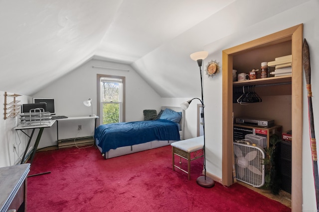 carpeted bedroom featuring lofted ceiling and baseboard heating