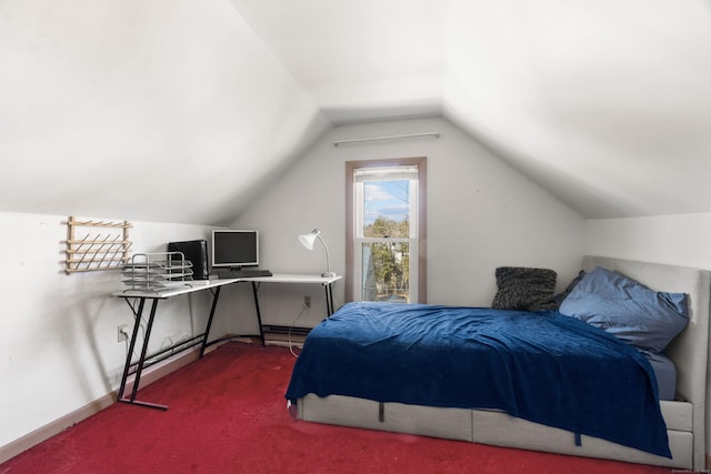 carpeted bedroom with vaulted ceiling, baseboards, and baseboard heating