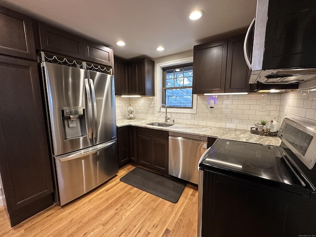 kitchen featuring light stone countertops, light wood-style flooring, a sink, appliances with stainless steel finishes, and backsplash