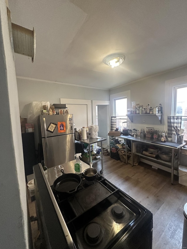 kitchen featuring plenty of natural light, wood finished floors, black electric range oven, and freestanding refrigerator