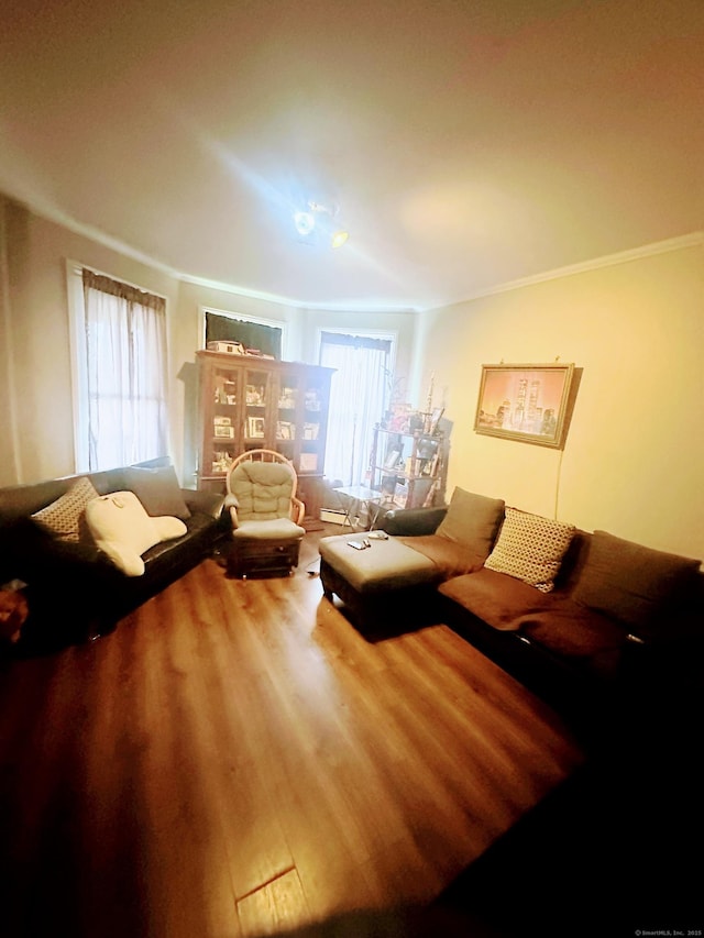 living room with crown molding and wood finished floors