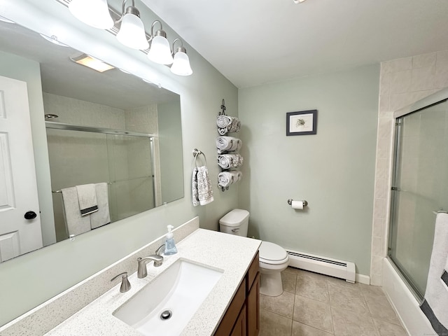 bathroom featuring vanity, tile patterned floors, toilet, and a baseboard radiator