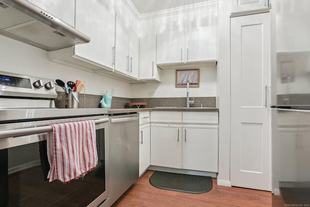 kitchen with under cabinet range hood, a sink, wood finished floors, stainless steel appliances, and white cabinets