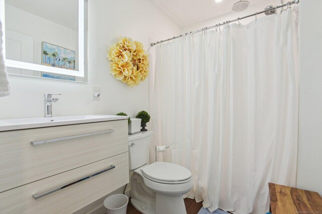 bathroom featuring curtained shower, toilet, and vanity