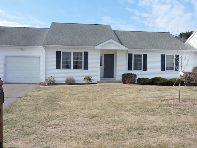 ranch-style home featuring driveway, a front lawn, an attached garage, and a shingled roof