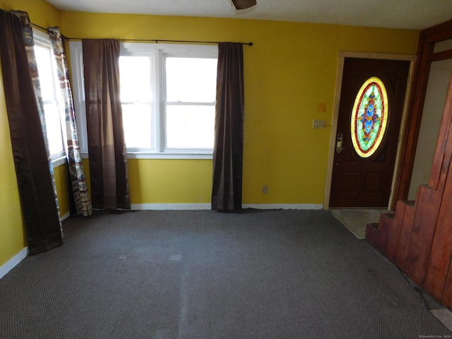 foyer entrance featuring baseboards, plenty of natural light, and carpet