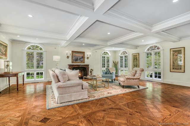 living room featuring baseboards, a lit fireplace, beam ceiling, recessed lighting, and coffered ceiling