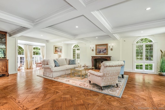 living area featuring recessed lighting, beam ceiling, a lit fireplace, and coffered ceiling