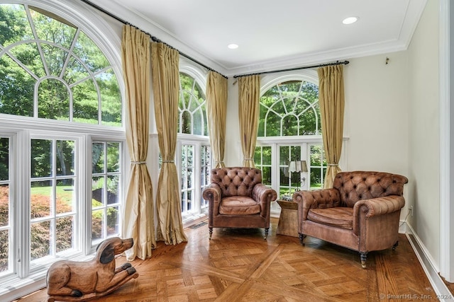 sitting room featuring visible vents, recessed lighting, french doors, crown molding, and baseboards