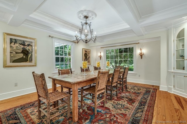 dining room featuring beamed ceiling, coffered ceiling, light wood-type flooring, and an inviting chandelier