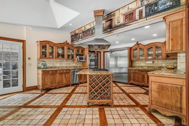 23 Benedict Hill Rd, New Canaan, CT 06840 - kitchen with appliances with stainless steel finishes, inlaid floor details, ornamental molding, backsplash, and a kitchen island
