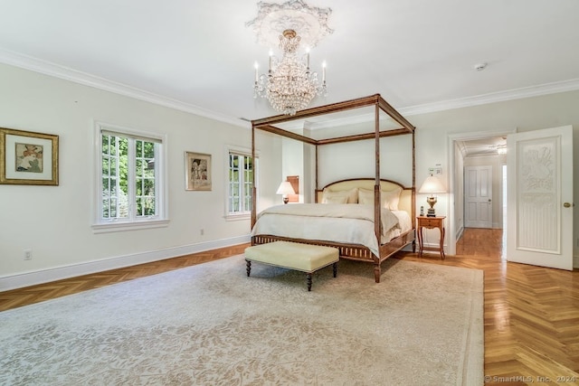 bedroom with crown molding, a notable chandelier, and baseboards