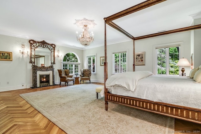 bedroom with a fireplace with flush hearth, multiple windows, and ornamental molding