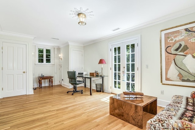 23 Benedict Hill Rd, New Canaan, CT 06840 - home office featuring light wood-style flooring, french doors, plenty of natural light, ornamental molding, and baseboards