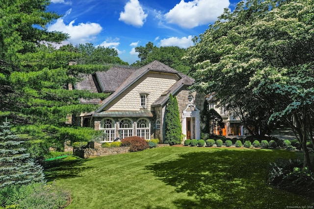 23 Benedict Hill Rd, New Canaan, CT 06840 - view of front of house with a front lawn and stone siding