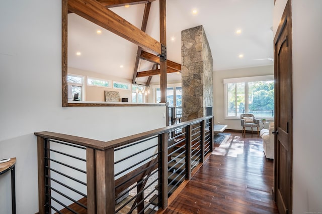 hallway with beam ceiling, high vaulted ceiling, wood finished floors, recessed lighting, and baseboards