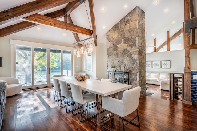 dining room with recessed lighting, beam ceiling, high vaulted ceiling, and dark wood-style flooring