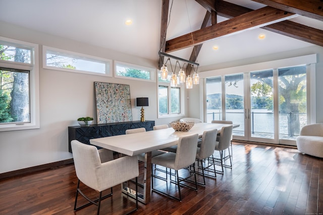 dining space featuring beamed ceiling, a water view, high vaulted ceiling, dark wood finished floors, and baseboards