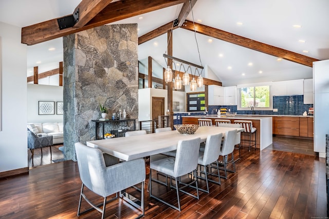 dining space with beam ceiling, dark wood-style flooring, and high vaulted ceiling