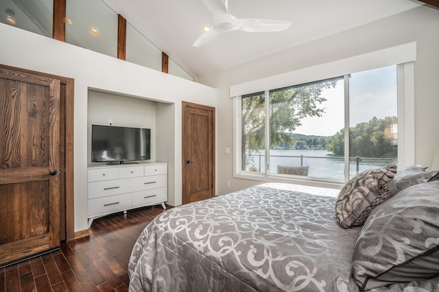 bedroom with access to exterior, high vaulted ceiling, dark wood-type flooring, and ceiling fan