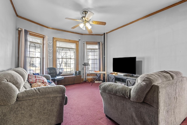 living room featuring carpet flooring, radiator, crown molding, and a ceiling fan