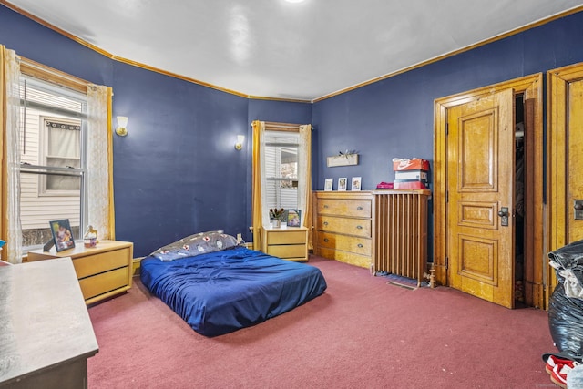 bedroom with carpet flooring, multiple windows, radiator, and ornamental molding