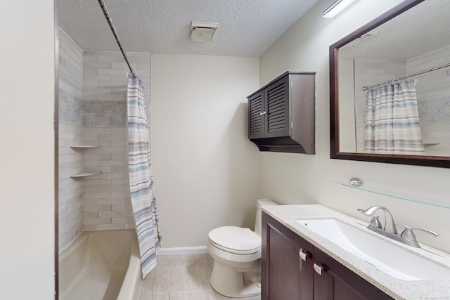 full bath with baseboards, toilet, vanity, shower / tub combo, and a textured ceiling