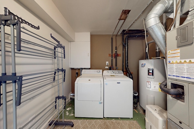 clothes washing area featuring water heater and washing machine and clothes dryer