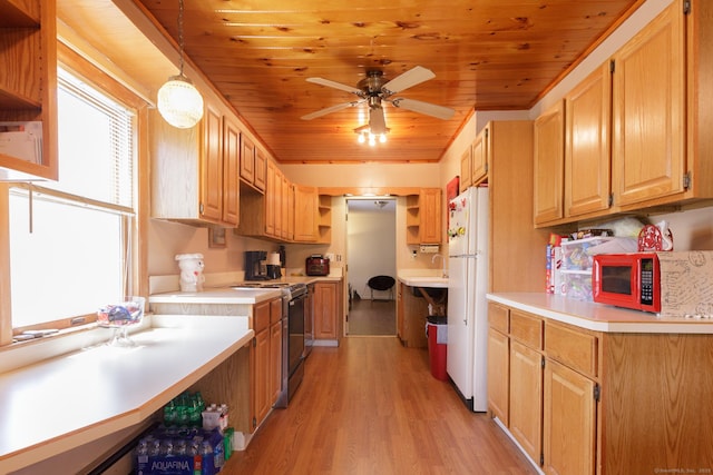 kitchen with white appliances, light countertops, open shelves, light wood finished floors, and wooden ceiling
