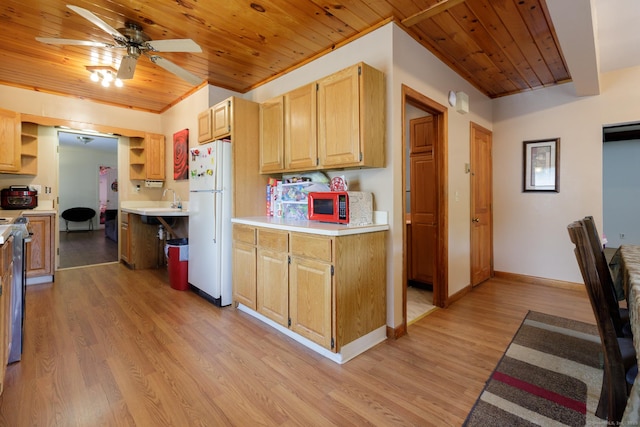 kitchen with light wood-style floors, white appliances, open shelves, wood ceiling, and light countertops