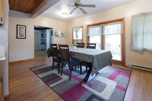 dining area featuring a baseboard radiator, wood finished floors, ceiling fan, and baseboards
