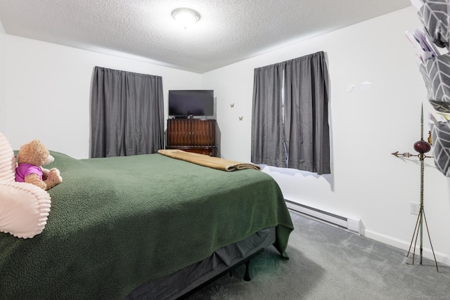 bedroom with carpet flooring, a baseboard radiator, and a textured ceiling