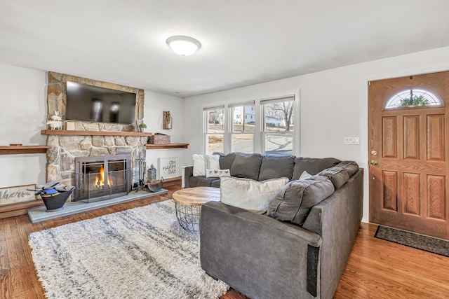 living area featuring wood finished floors, a fireplace, and a healthy amount of sunlight