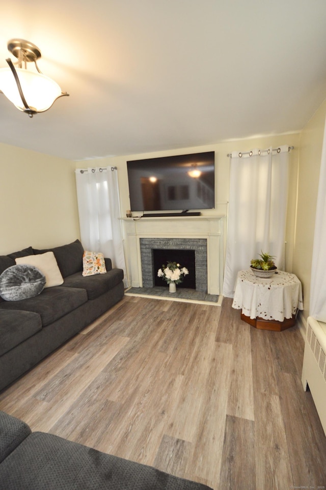 living area with a fireplace with raised hearth, radiator, and wood finished floors