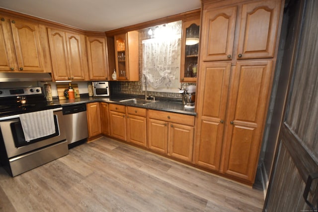 kitchen featuring glass insert cabinets, under cabinet range hood, light wood-type flooring, stainless steel appliances, and a sink