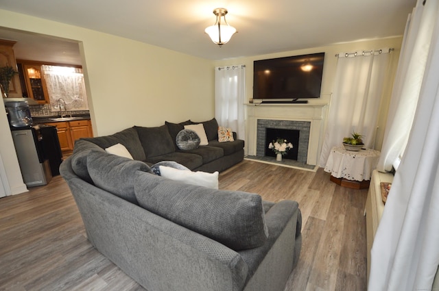 living room featuring a fireplace with raised hearth and wood finished floors