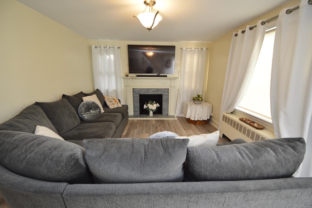 living area featuring radiator, wood finished floors, and a fireplace