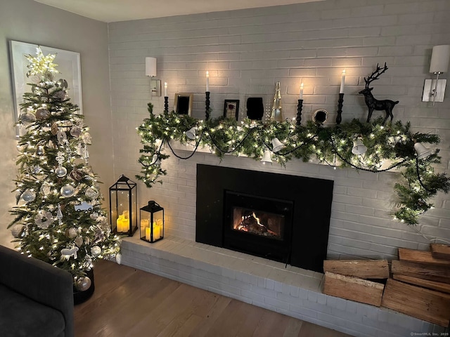 details featuring wood finished floors and a fireplace