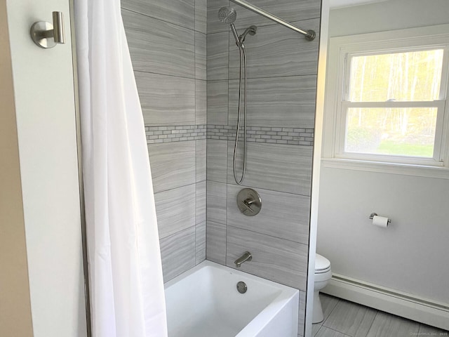 bathroom with toilet, a baseboard heating unit, and shower / bathtub combination with curtain