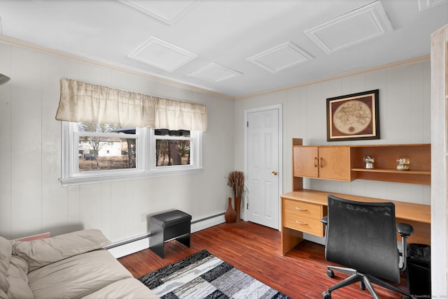 office area with a baseboard radiator, attic access, dark wood-style flooring, and crown molding