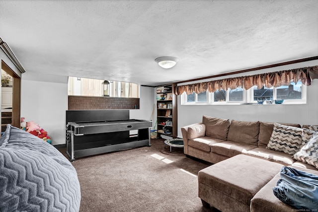 carpeted living area with a textured ceiling