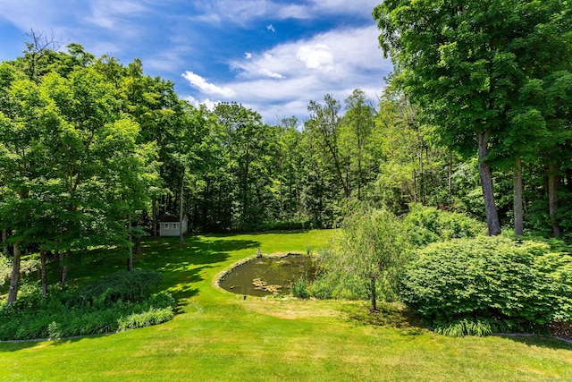 view of property's community with an outdoor structure, a lawn, and a view of trees