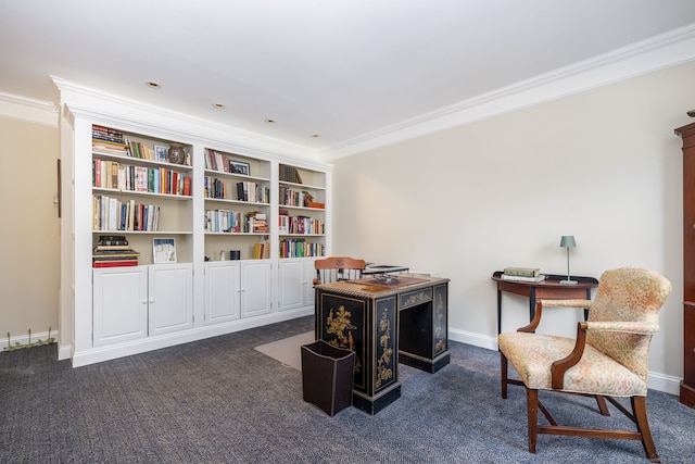 office area with dark carpet, crown molding, and baseboards