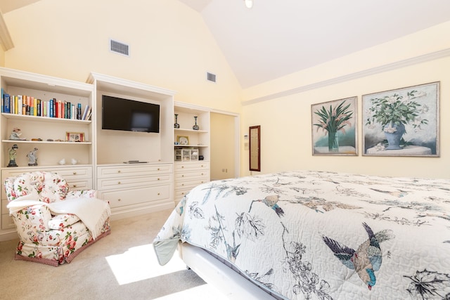 bedroom with a closet, visible vents, high vaulted ceiling, and carpet