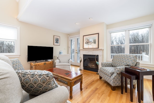 living area with light wood-style floors, a healthy amount of sunlight, and a glass covered fireplace